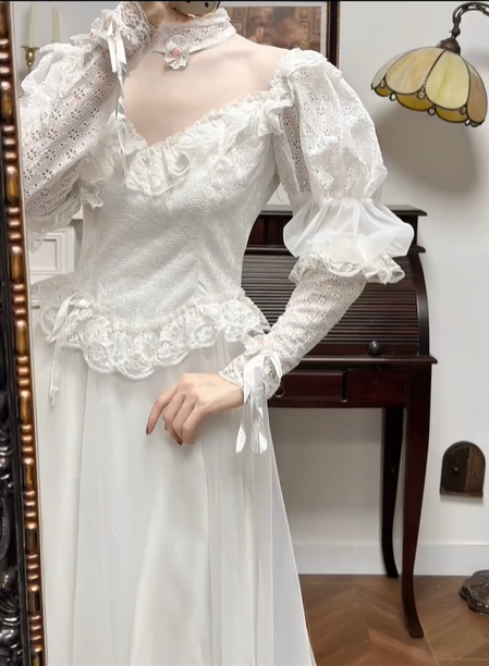 Ivory Vintage Lace High‑Neck Puff‑Sleeve Tie‑Cuff A‑Line Short Train Wedding Dress gh8774
