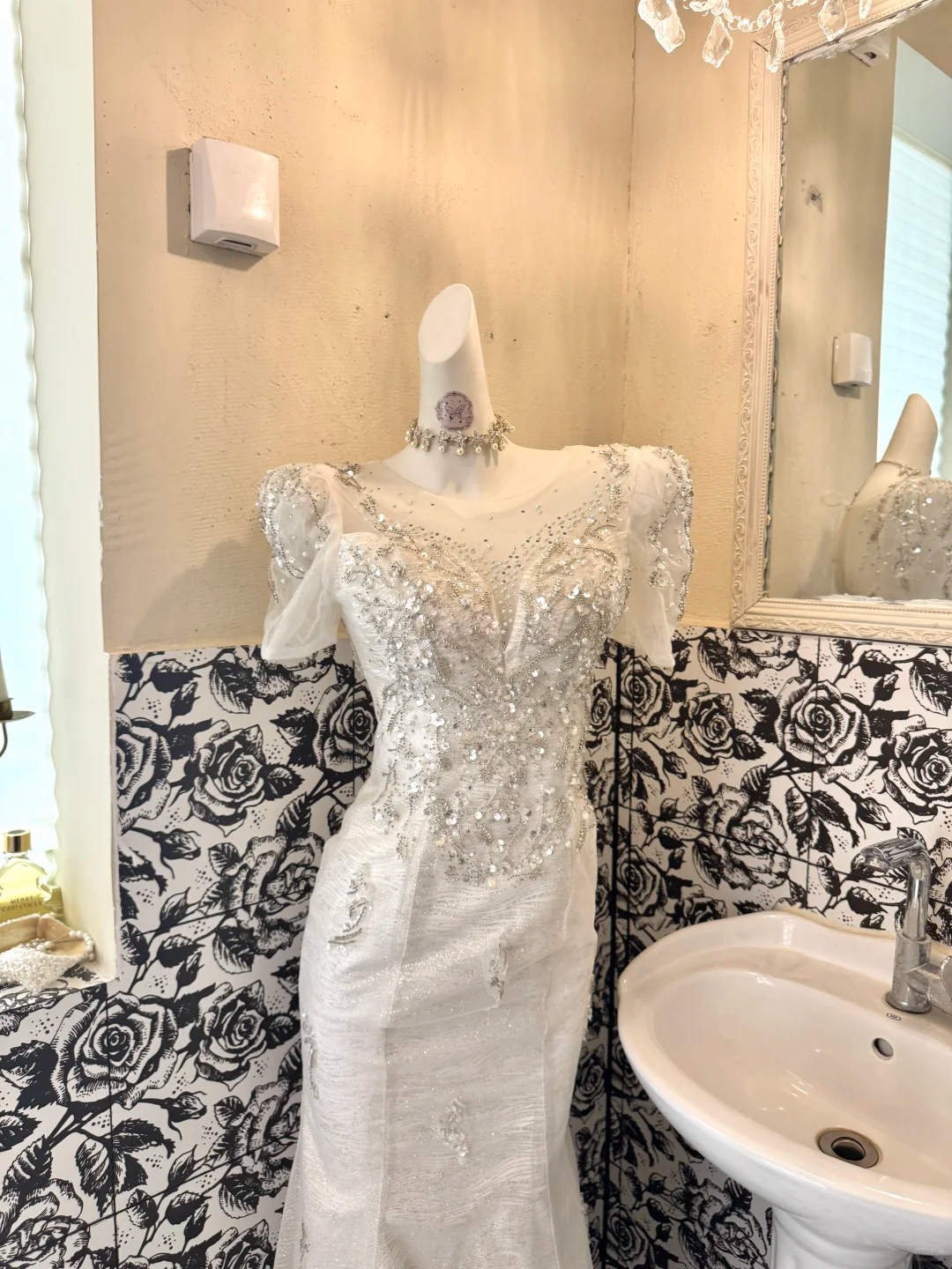 White Short Sleeve Rhinestone Waist-Cinched Figure-Flattering Sexy Bodycon Romantic Dress, Wedding Gown gh7752