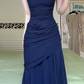 Navy Blue Square Neck Spaghetti Strap Long Evening Gown, Draped Ruched Waist Flowy A‑Line Formal Prom Dress gh8999