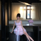 Pink Square Neck Satin Homecoming Dress Lace Mini Prom Gown With Detachable Train gh9409