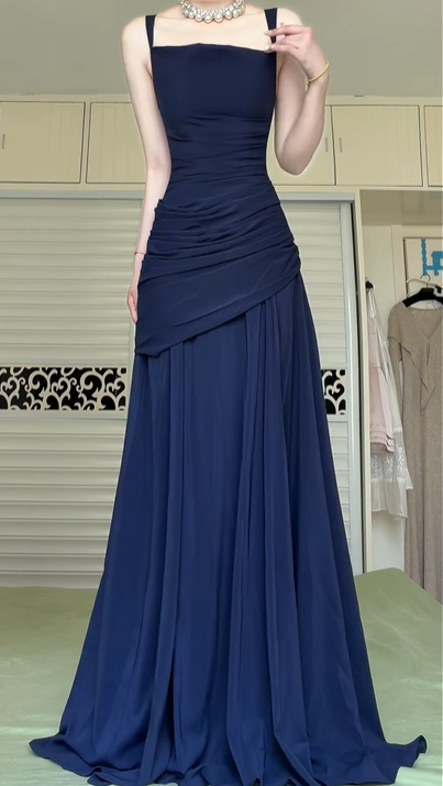 Navy Blue Square Neck Spaghetti Strap Long Evening Gown, Draped Ruched Waist Flowy A‑Line Formal Prom Dress gh8999