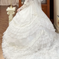 Ivory Vintage Tulle Wedding Gown, V‑Neck Lace Trim Collar, Puff Long Sleeves With Lace Cuffs, Wide Lace Belt Fitted Waist, Lace Trim Panel Skirt, Multi‑Tier Ruffle Cake Long Train, Prom & Wedding Dress gh8672