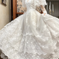 Ivory Vintage Lace Ball Gown Wedding Prom Dress, Mock Two‑Piece Lace High Neck V‑Neck, Lace Puff Cape Sleeves, Multi‑Tier Lace Long Train gh8699