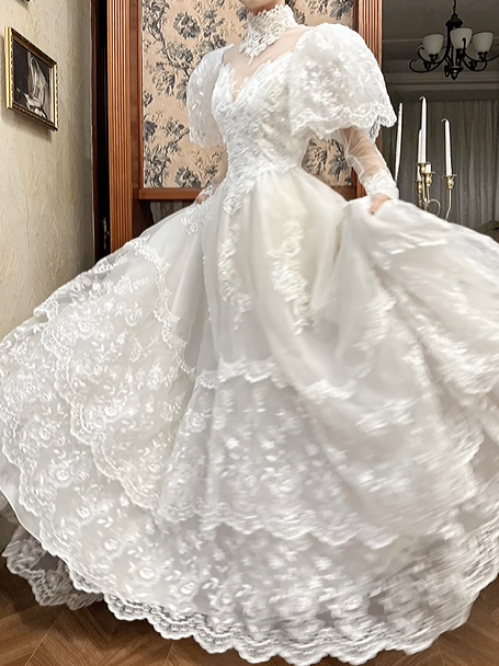 Ivory Vintage Lace Ball Gown Wedding Prom Dress, Mock Two‑Piece Lace High Neck V‑Neck, Lace Puff Cape Sleeves, Multi‑Tier Lace Long Train gh8699