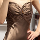 Bronze‑Brown Satin Beaded‑Strap Twist‑Knot Beaded‑Trim Mermaid Floor‑Length Vintage Evening Prom Gown gh8793