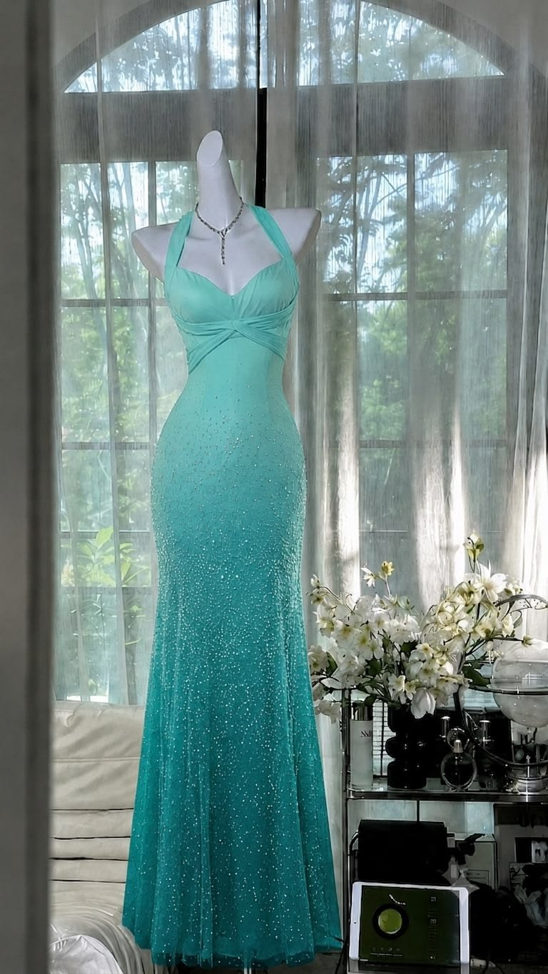 Lake Blue Gradient Halter Neck Waist-Cinched Bodycon Sexy Evening Dress With Sequined Skirt, Fairy Gown, Romantic Gown gh7452