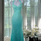 Lake Blue Gradient Halter Neck Waist-Cinched Bodycon Sexy Evening Dress With Sequined Skirt, Fairy Gown, Romantic Gown gh7452