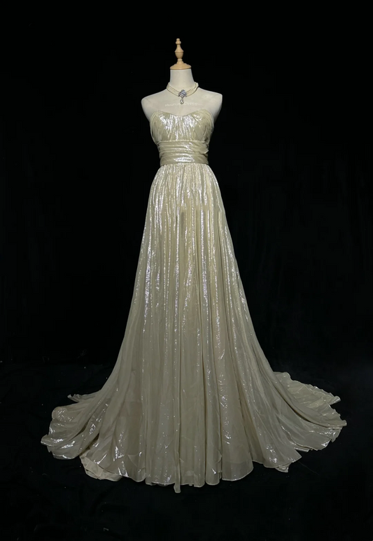 ✨Girlhomeshops-Champagne Strapless Shimmer Chiffon A-Line Gown Sweep Train gh10152