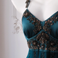 Women Teal Green Halter Short Prom Dress Vintage Bronze Beading Irregular Handkerchief Hem Cocktail Gown gh9562