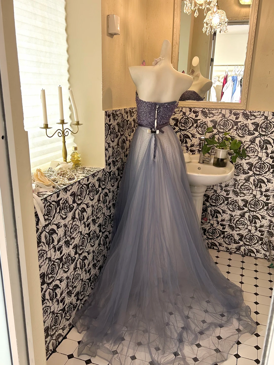 Dusty Blue Strapless Waist-Cinched Full Flared Skirt Romantic Dress, Wedding Gown gh7649