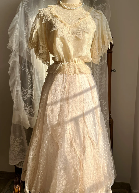 Cream Edwardian Vintage Lace Two-Piece Gown, High Neck Flutter Sleeve Bridal Dress gh9349