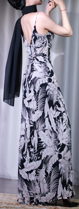 ✨Girlhomeshops-Black White Leaf Print Long Mermaid Gown Spaghetti Strap gh10111