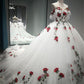 White gorgeous delicate rose applique long A-line tulle ball gown evening gown wedding dress gh3341