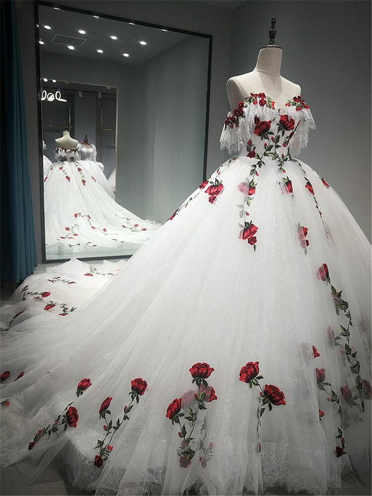 White gorgeous delicate rose applique long A-line tulle ball gown evening gown wedding dress gh3341