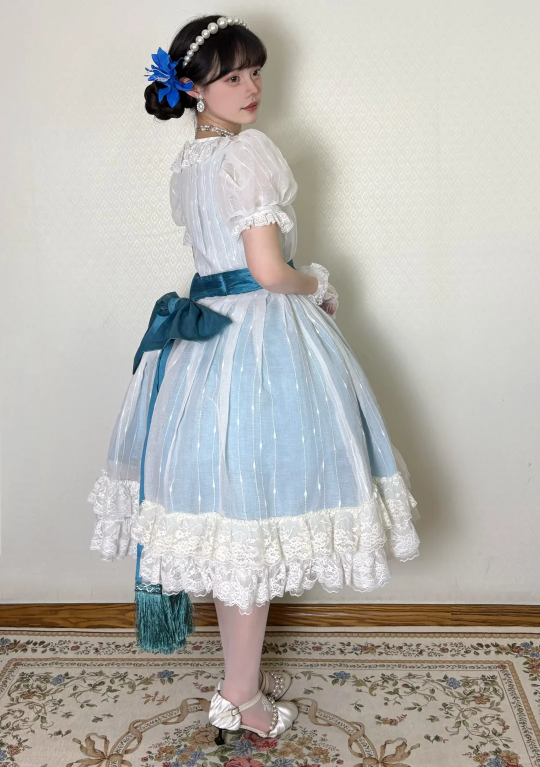 Vintage Gradient Blue Puff Sleeve Fitted Waist Flared Skirt Prom & Evening Party Dress gh8497