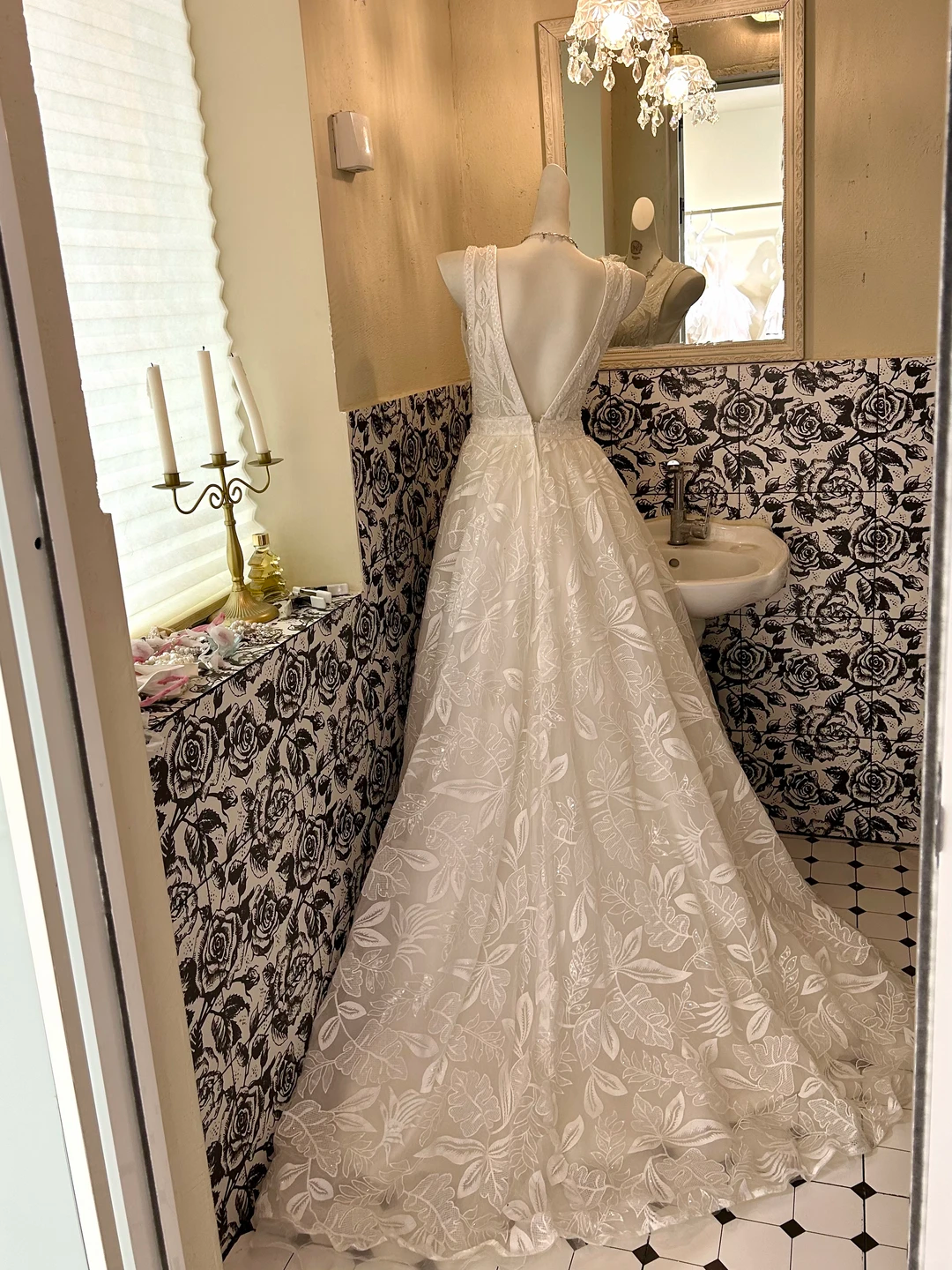 Ivory V-Neck Waist-Cinched Fitted Printed Full Flared Premium Vintage Romantic Dress, Wedding Gown gh7575