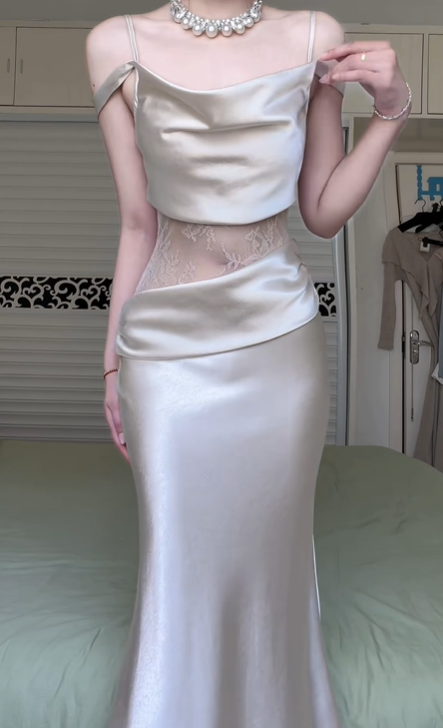 Champagne Satin Off‑Shoulder Long Evening Gown, Cowl Neck Crop Top, Sheer Lace Waist Panel, High‑Waist Draped Mermaid Formal Dress gh8942