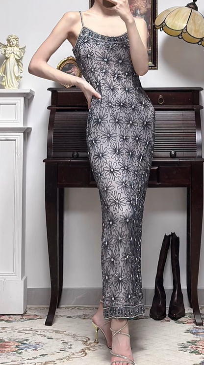 Black‑Grey‑Mesh‑Vintage‑Midi‑Gown Spaghetti‑Straps Hand‑Beaded‑Daisy‑Floral‑Pattern Sheer‑Mesh‑Base Fitted‑Sheath‑Ankle‑Length Retro‑Gatsby‑Cocktail‑Evening‑Dress gh8843