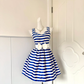 Blue‑White Striped Sleeveless Short Cocktail Dress, Sweetheart Neck White Rhinestone Big Bow Sash A‑Line Homecoming Party Gown gh9249