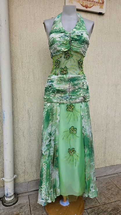 ✨Girlhomeshops-Halter Green Ombre Floral Beaded High Slit Long Prom Gown gh10231