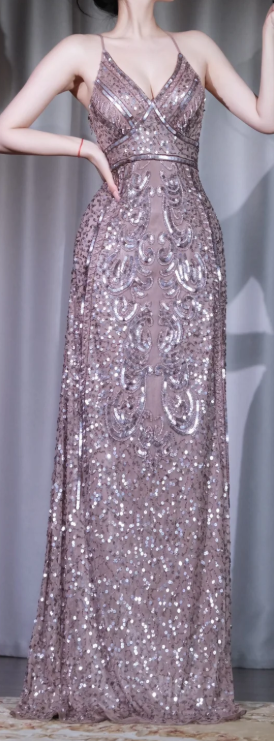 ✨Girlhomeshops-Spaghetti Strap Dusty Lavender Long Sequin Formal Party Dress gh9998