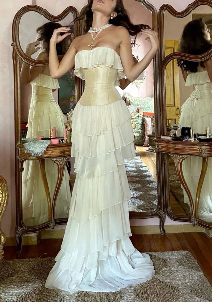 Robe de soirée blanche vintage en mousseline de soie, coupe trapèze, épaules dénudées, longue, à volants, robe de bal, gh3658