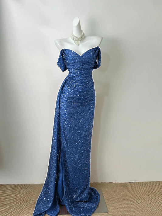 Burgundy Simple Fashionable Elegant Long Sequined Floor-length Sexy Slit Ball Gown Evening Gown Prom Gown gh3728