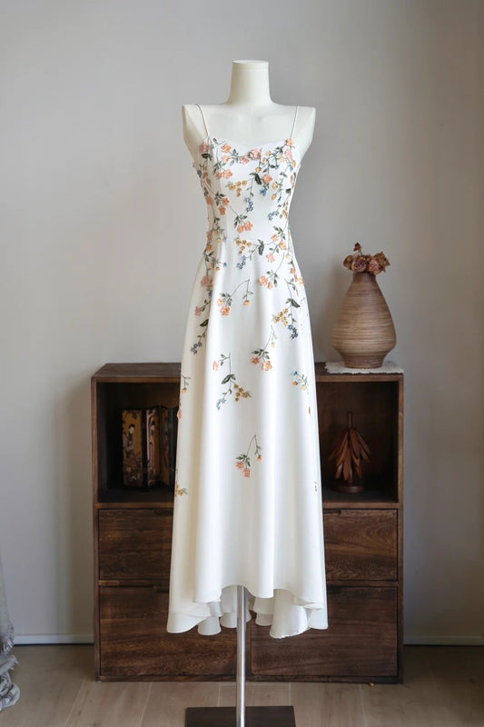 girlhomeshops- Vintage Beige Floral Spaghetti Strap Long Forest-Style Evening Gown gh6038
