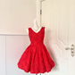 Women Red Homecoming Dress, Sleeveless Deep V‑Neck All‑Over 3D Rose Floral Textured Fabric High Waist Pleated Voluminous A‑Line Mini Party Dress gh9218