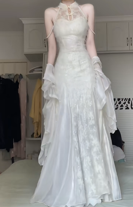 Off‑White Chinese Style Halter Mermaid Evening Gown, Mandarin Collar Lace Panel, Pearl Chain Straps, Sequin Jacquard, Flounce Side Ruffles, Floor‑Length Prom Dress gh8927