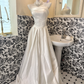 White Satin Strapless Cinched Waist Full Flared Skirt Long Premium Romantic Dress, Wedding Gown gh7795