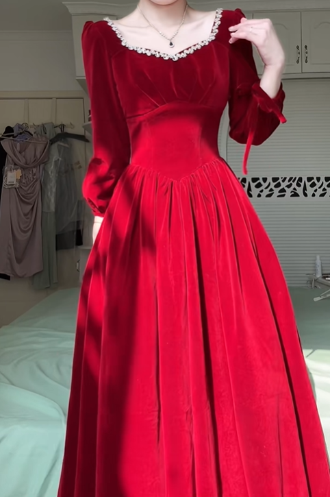 Burgundy Velvet Long Evening Gown, Square Neck Pearl Trim Puff Sleeve A‑Line Formal Prom Dress gh9044