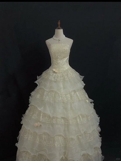Light Champagne Strapless Long Romantic Gown with Fitted Waist and Fluffy Tiered Cake Skirt, Wedding Dress & Bridal Gown gh8312