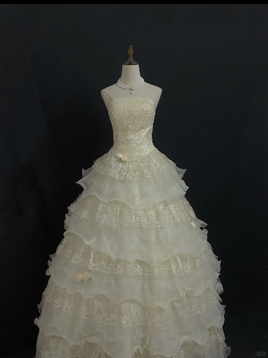 Light Champagne Strapless Long Romantic Gown with Fitted Waist and Fluffy Tiered Cake Skirt, Wedding Dress & Bridal Gown gh8312