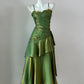 girlhomeshops-Fashionable And Unique Emerald Green Shiny Spaghetti - Strap Ruffled Midi Dress gh5843