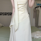 Cream White Halter Neck Long Evening Gown, Cut‑Out V‑Neck Asymmetric Overlay Lace Side Detail A‑Line Floor‑Length Formal Prom Dress gh8980