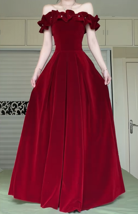Burgundy Off‑The‑Shoulder Velvet Long Evening Gown, Ruffled Pearl A‑Line Formal Prom Dress gh9035