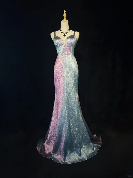 Spaghetti Strap V Neck Iridescent Shimmer Gradient Mermaid Prom Dress Floor Length Formal Evening Gown gh9559