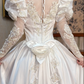 White Vintage Satin Wedding Ball Gown, Tassel Illusion High Neck Over Sweetheart Neck, Puff Long Sleeves With Lace Sheer Arms, Heavy Lace Beaded Appliqué Pointed Waist, A‑Line Long Skirt With Scalloped Lace Hem, Prom Dress gh8648