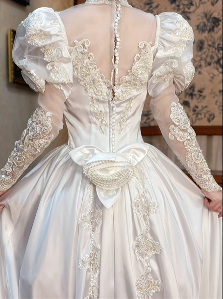 White Vintage Satin Wedding Ball Gown, Tassel Illusion High Neck Over Sweetheart Neck, Puff Long Sleeves With Lace Sheer Arms, Heavy Lace Beaded Appliqué Pointed Waist, A‑Line Long Skirt With Scalloped Lace Hem, Prom Dress gh8648