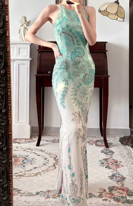 Mint‑Green‑White Ombré Vintage Halter Prom Gown, All‑Over Hand‑Beaded Embroidery, Geometric & Floral Motifs, Fitted Bodycon Mermaid Silhouette, Side High Slit, Evening Prom Dress gh8817