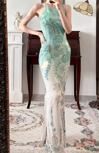 Mint‑Green‑White Ombré Vintage Halter Prom Gown, All‑Over Hand‑Beaded Embroidery, Geometric & Floral Motifs, Fitted Bodycon Mermaid Silhouette, Side High Slit, Evening Prom Dress gh8817