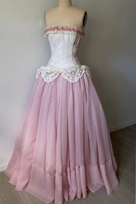 ✨Girlhomeshops-Strapless Pink White Lace Corset Vintage Ballgown Prom Gown gh10212