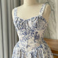 girlhomeshops-- Blue floral elegant short chiffon homecoming dress for women girls garden party dress blue and white porcelain gh5718