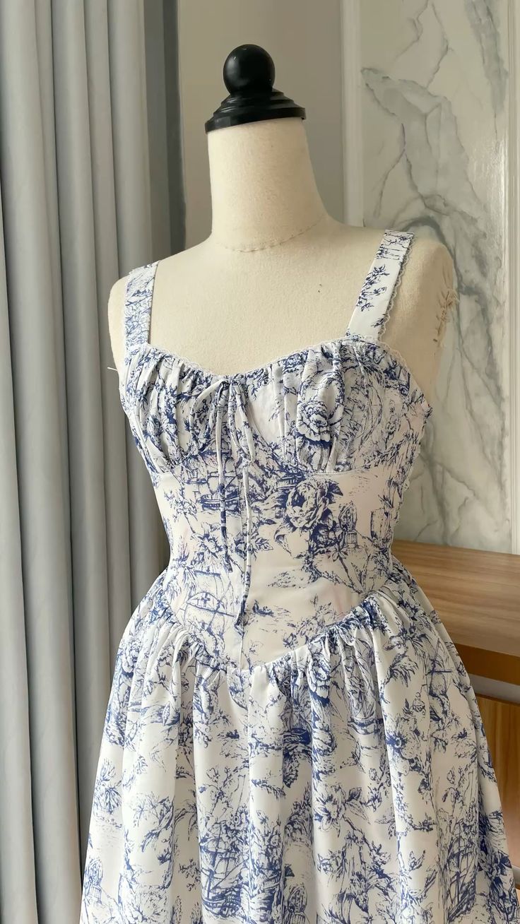 girlhomeshops-- Blue floral elegant short chiffon homecoming dress for women girls garden party dress blue and white porcelain gh5718