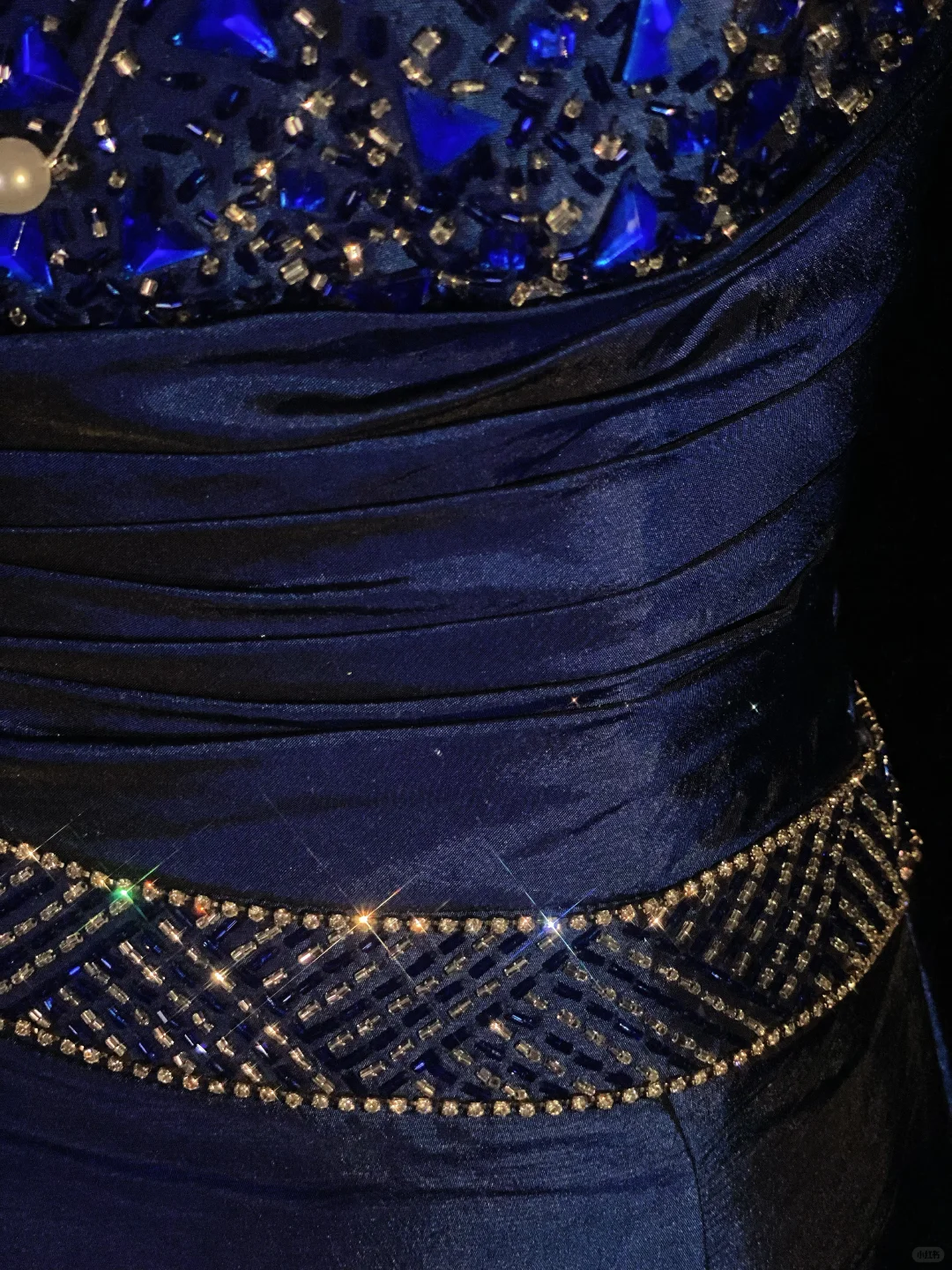 Navy Blue Vintage Satin Mermaid Evening Gown, Spaghetti Strap Sweetheart Neck, Beaded Rhinestone Bodice, Gold Beaded Trim On Waist & Skirt, Floor‑Length Mermaid Prom Dress gh8892