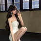 Women Elegant White Strapless Homecoming Dress Ruched Twist Front Bodycon Short Party Dress gh9424