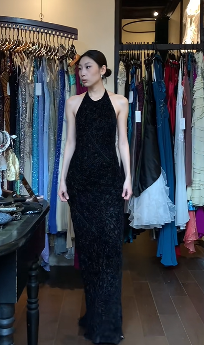 Black Halter Neck Long Evening Gown Patterned Beaded Mermaid Prom Dress gh9674