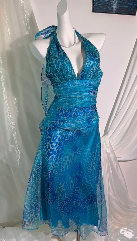 Blue Floral Print Halter Fitted Waist Slim Bodycon Sexy Prom Gown, Evening Party Dress gh8554