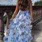 Blue Charming Floral A-Line Spaghetti Strap Long Ball Gown Party Dress Evening Gown gh3009